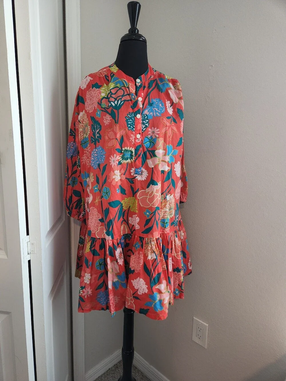 J. Crew Coral Floral Button-Front Tiered Mini Dress